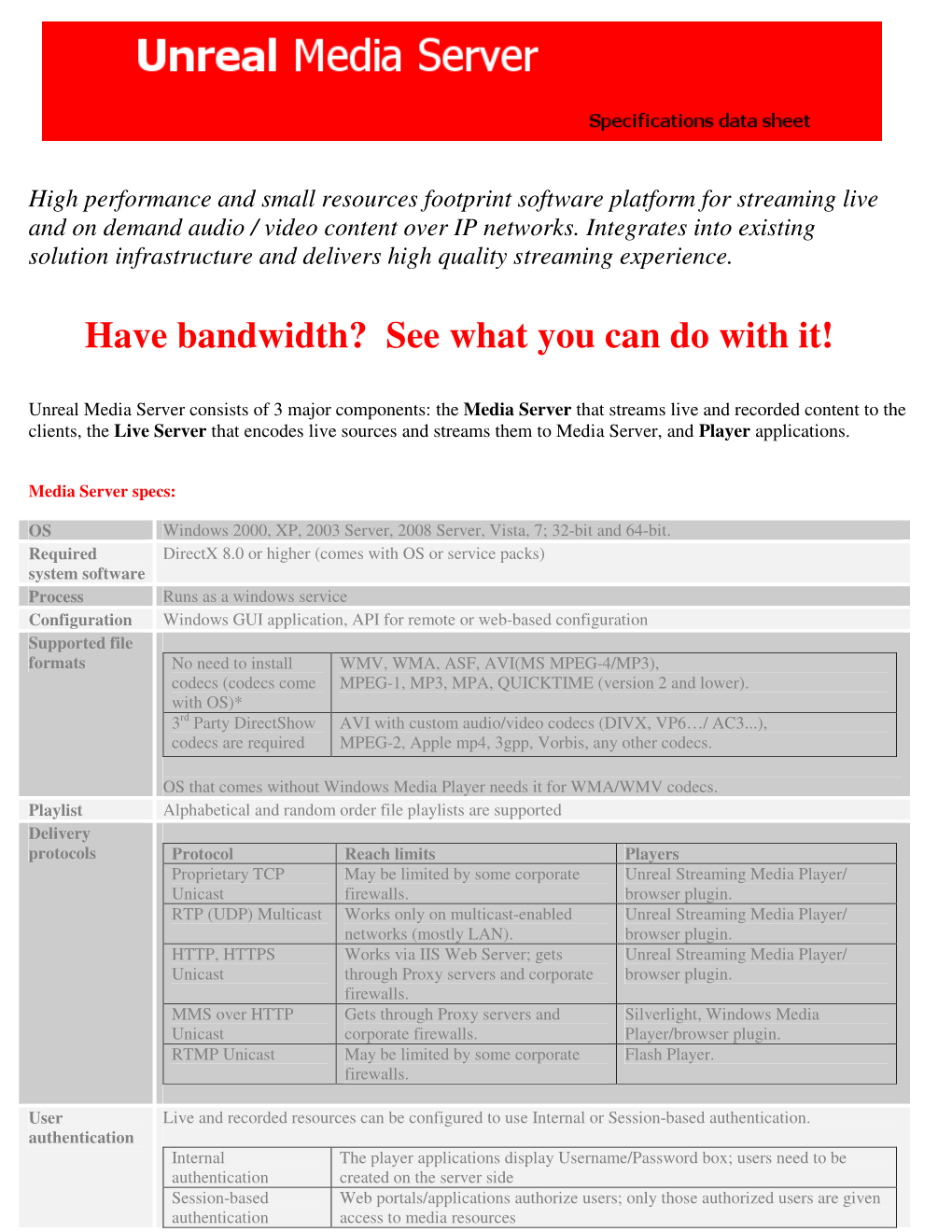 Unreal Media Server Specs
