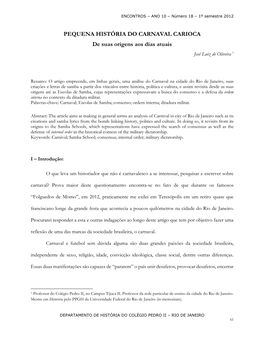 PEQUENA HISTÓRIA DO CARNAVAL CARIOCA De Suas Origens Aos Dias Atuais José Luiz De Oliveira 1