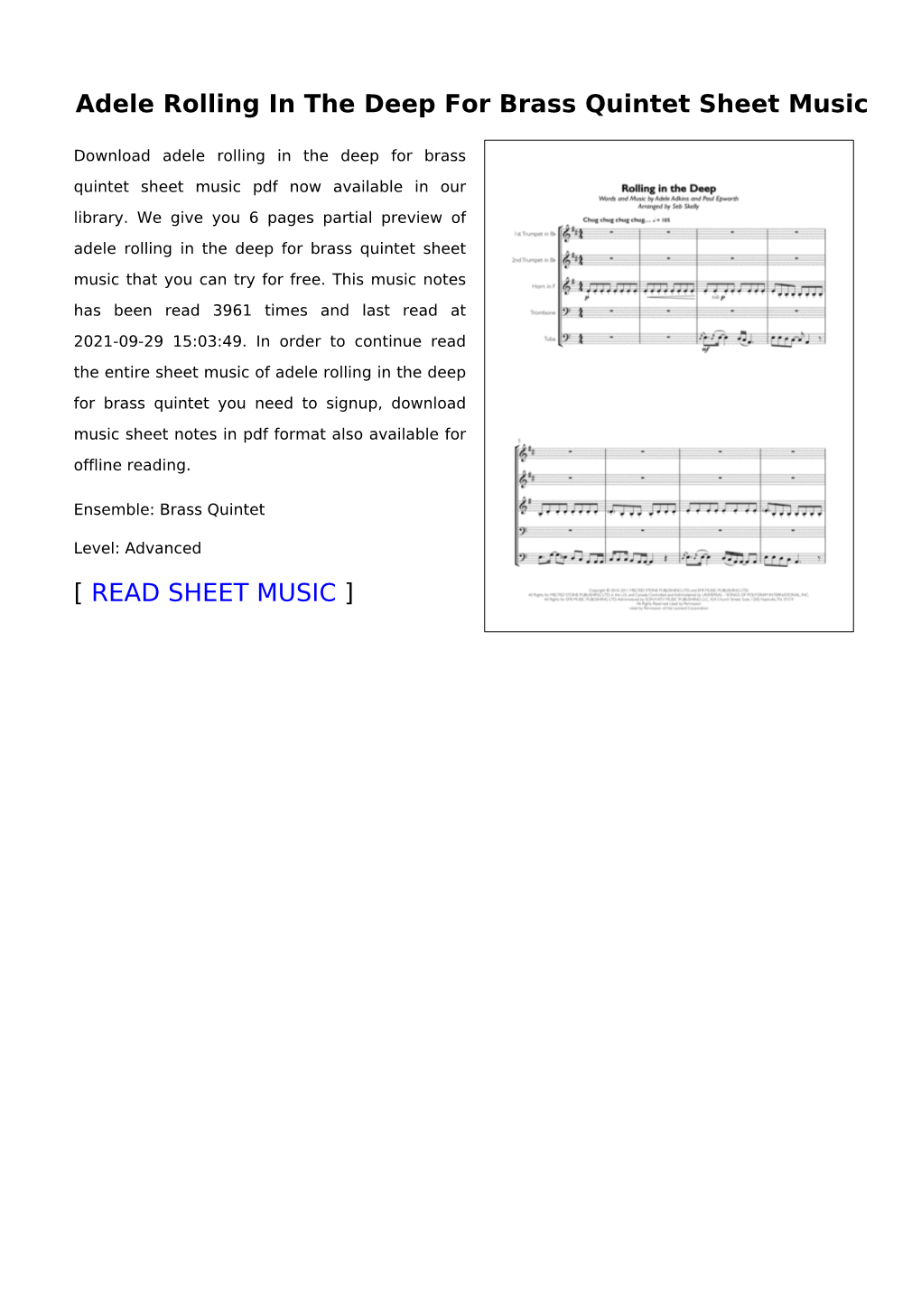 Adele Rolling in the Deep for Brass Quintet Sheet Music