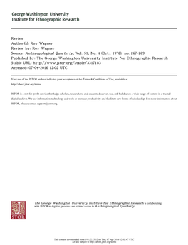 Review Author(S): Roy Wagner Review By: Roy Wagner Source: Anthropological Quarterly, Vol