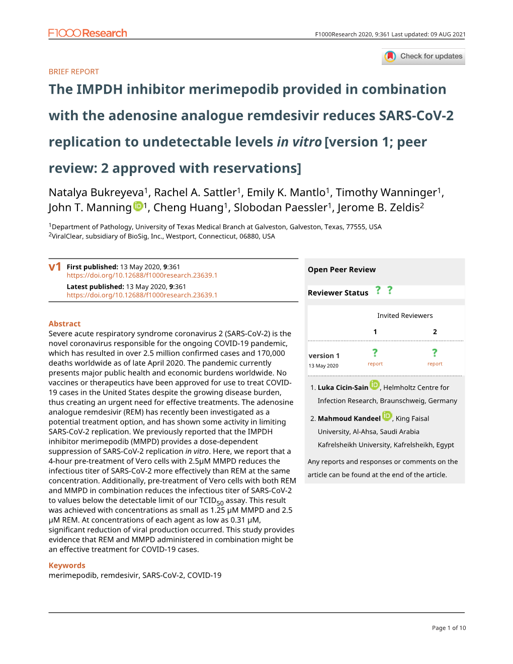 The IMPDH Inhibitor Merimepodib Provided in Combination with The
