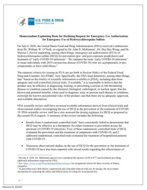 Memorandum Explaining Basis for Declining Request for Emergency Use Authorization for Emergency Use of Hydroxychloroquine Sulfate