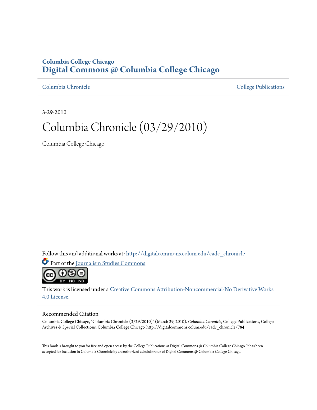 Columbia Chronicle (03/29/2010) Columbia College Chicago