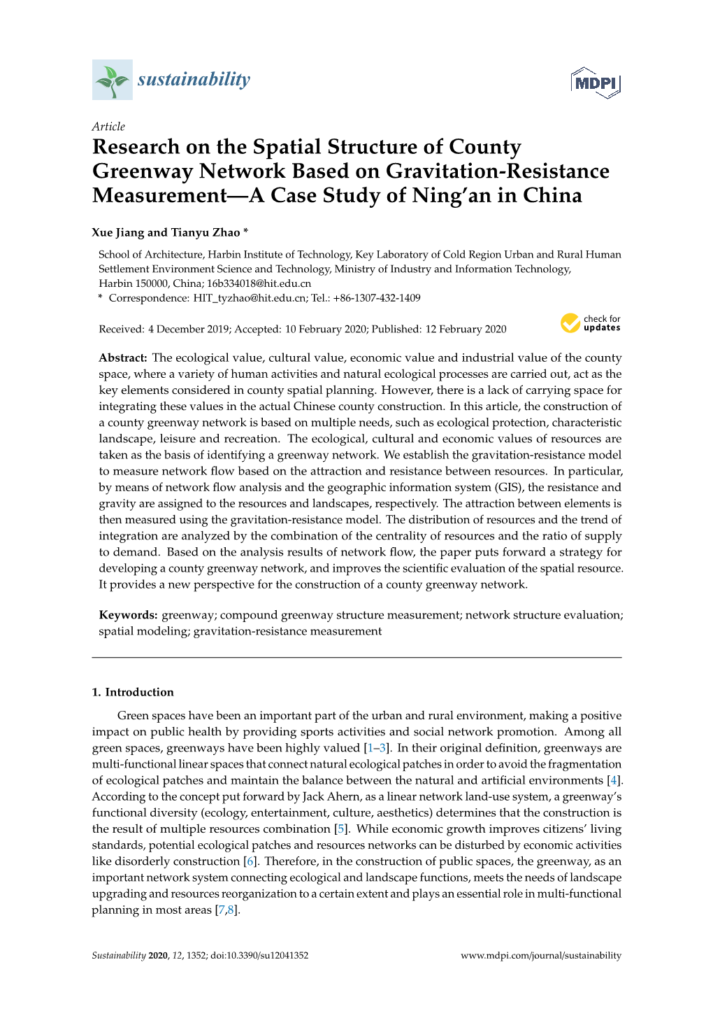Research on the Spatial Structure of County Greenway Network Based on Gravitation-Resistance Measurement—A Case Study of Ning’An in China