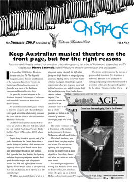ON STAGE the Summer 2003 Newsletter of Vol.4 No.1