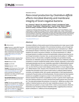 Para-Cresol Production by Clostridium Difficile Affects Microbial Diversity and Membrane Integrity of Gram-Negative Bacteria