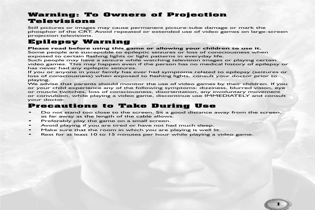 To Owners of Projection Televisions Epilepsy Warning Precautions To