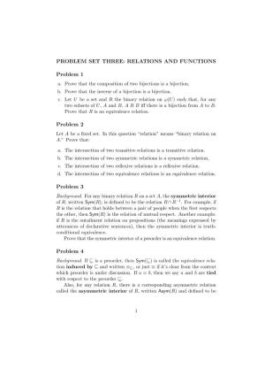 PROBLEM SET THREE: RELATIONS and FUNCTIONS Problem 1