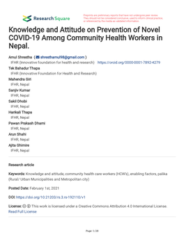 Knowledge and Attitude on Prevention of Novel COVID-19 Among Community Health Workers in Nepal