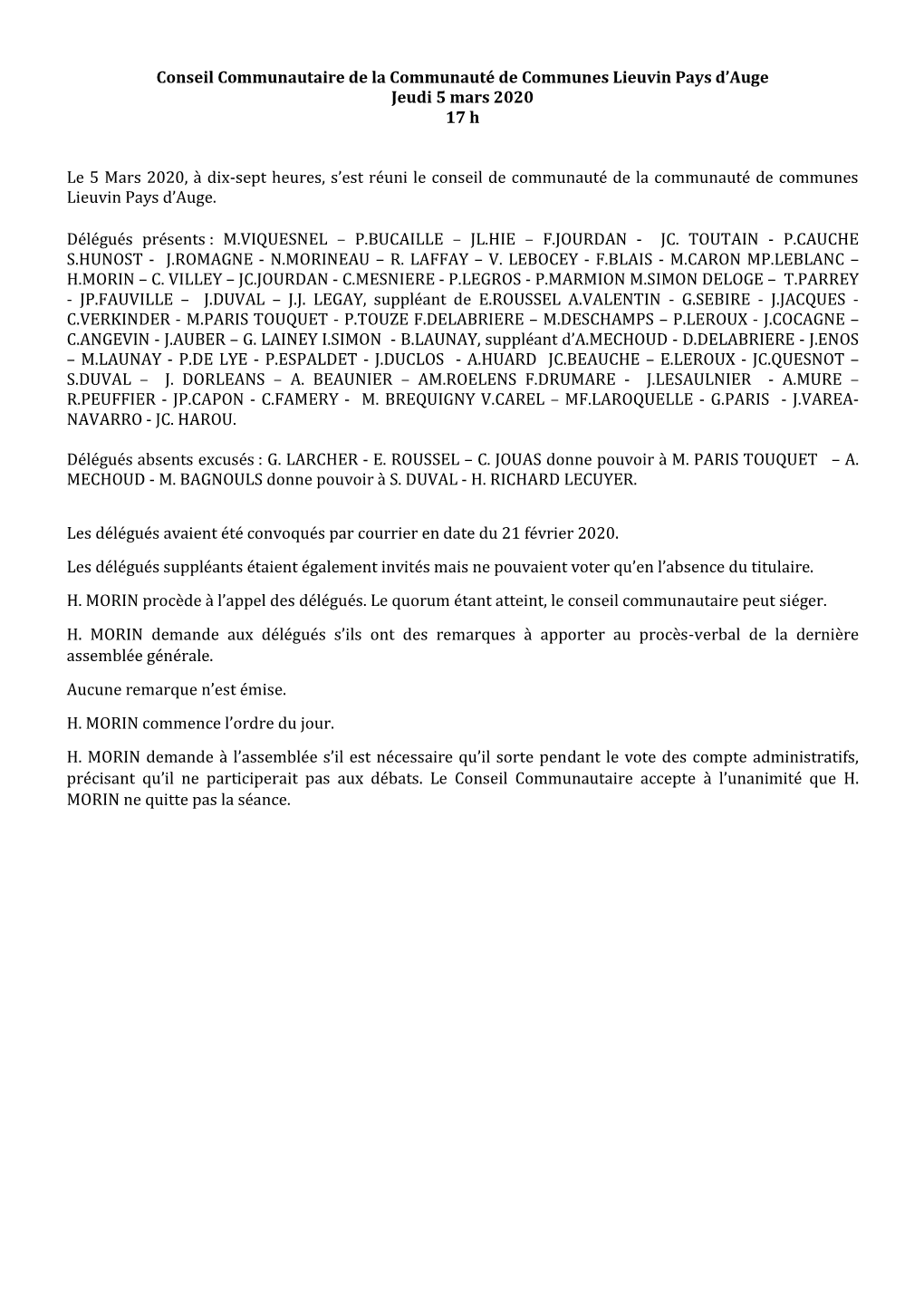 Conseil Communautaire De La Communauté De Communes Lieuvin Pays D'auge Jeudi 5 Mars 2020 17 H Le 5 Mars 2020, À Dix-Sept He