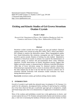 Etching and Kinetic Studies of Gel Grown Strontium Oxalate Crystals