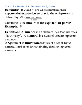 Numeration Systems Reminder : If a and M Are Whole Numbers Then Exponential Expression Amor a to the Mth Power Is M = ⋅⋅⋅⋅⋅ Defined by A Aaa
