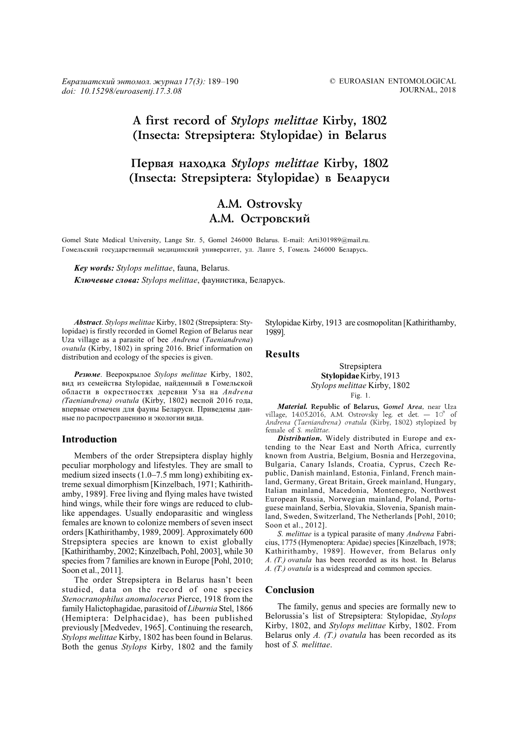 A First Record of Stylops Melittae Kirby, 1802 (Insecta: Strepsiptera: Stylopidae) in Belarus