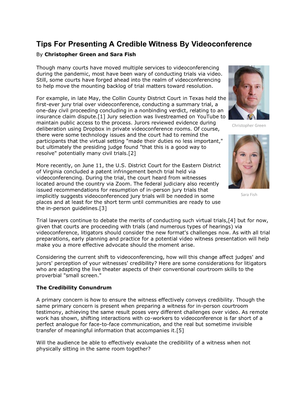 Tips for Presenting a Credible Witness by Videoconference by Christopher Green and Sara Fish