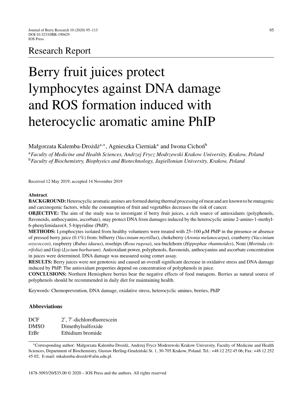 Berry Fruit Juices Protect Lymphocytes Against DNA Damage and ROS Formation Induced with Heterocyclic Aromatic Amine Phip