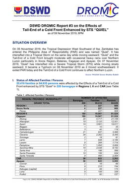 DSWD DROMIC Report #3 on the Effects of Tail-End of a Cold Front Enhanced by STS “QUIEL” As of 09 November 2019, 6PM