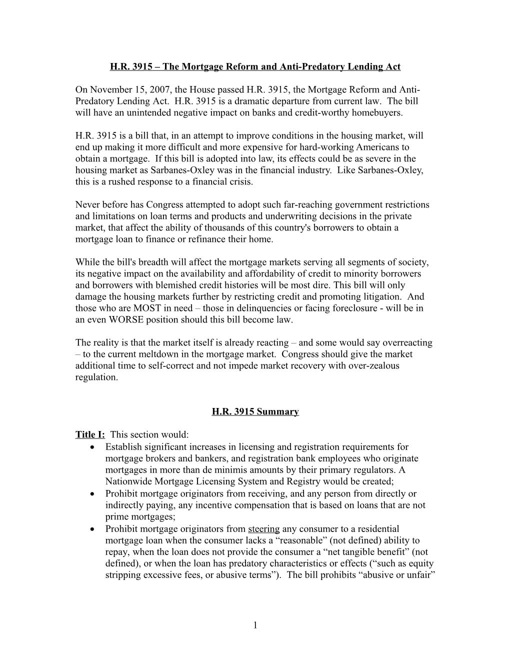 H.R. 3915 the Mortgage Reform and Anti-Predatory Lending Act