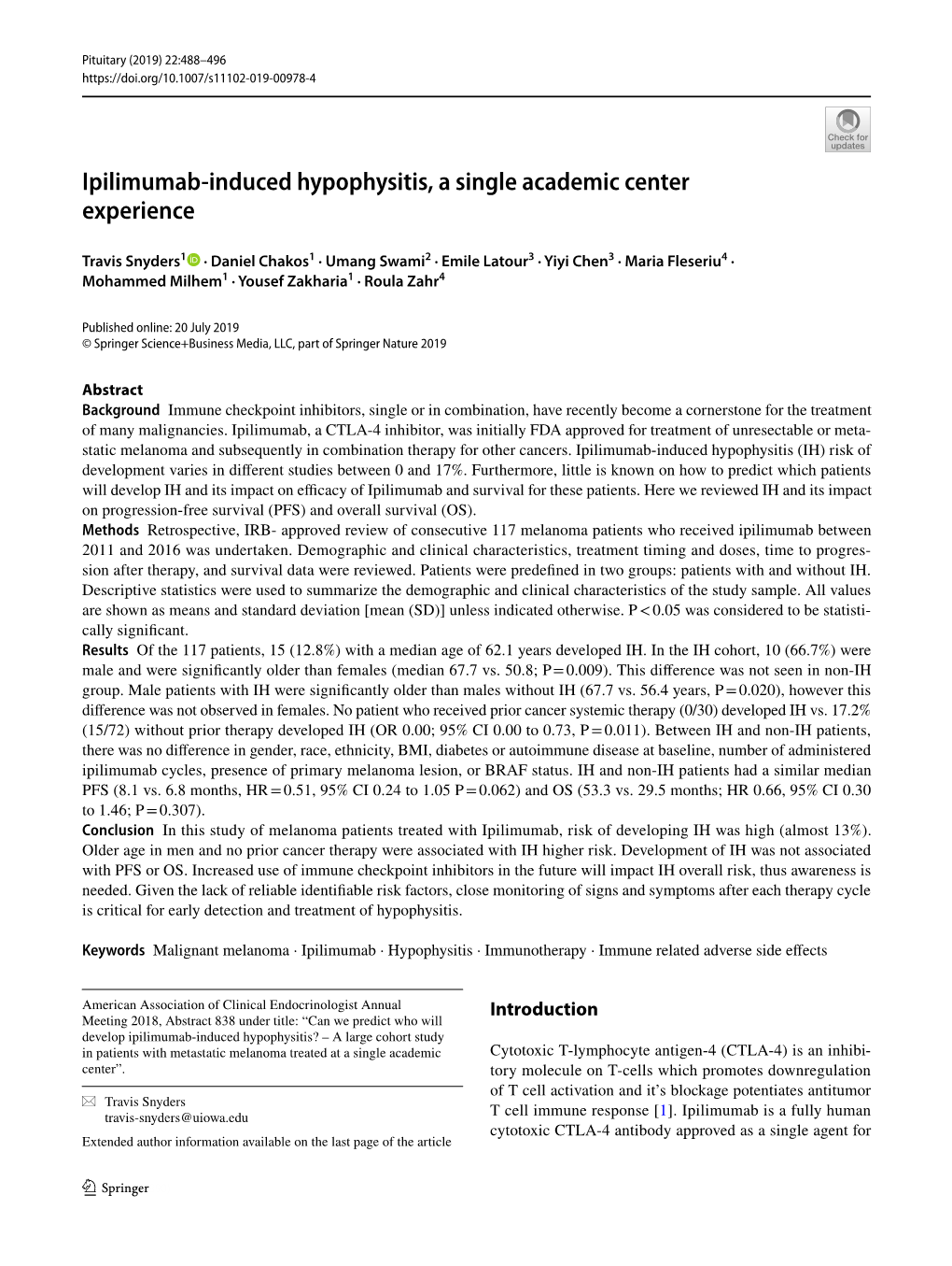 Ipilimumab-Induced Hypophysitis, a Single Academic Center Experience