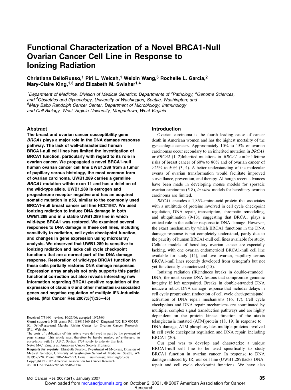 Functional Characterization of a Novel BRCA1-Null Ovarian Cancer Cell Line in Response to Ionizing Radiation