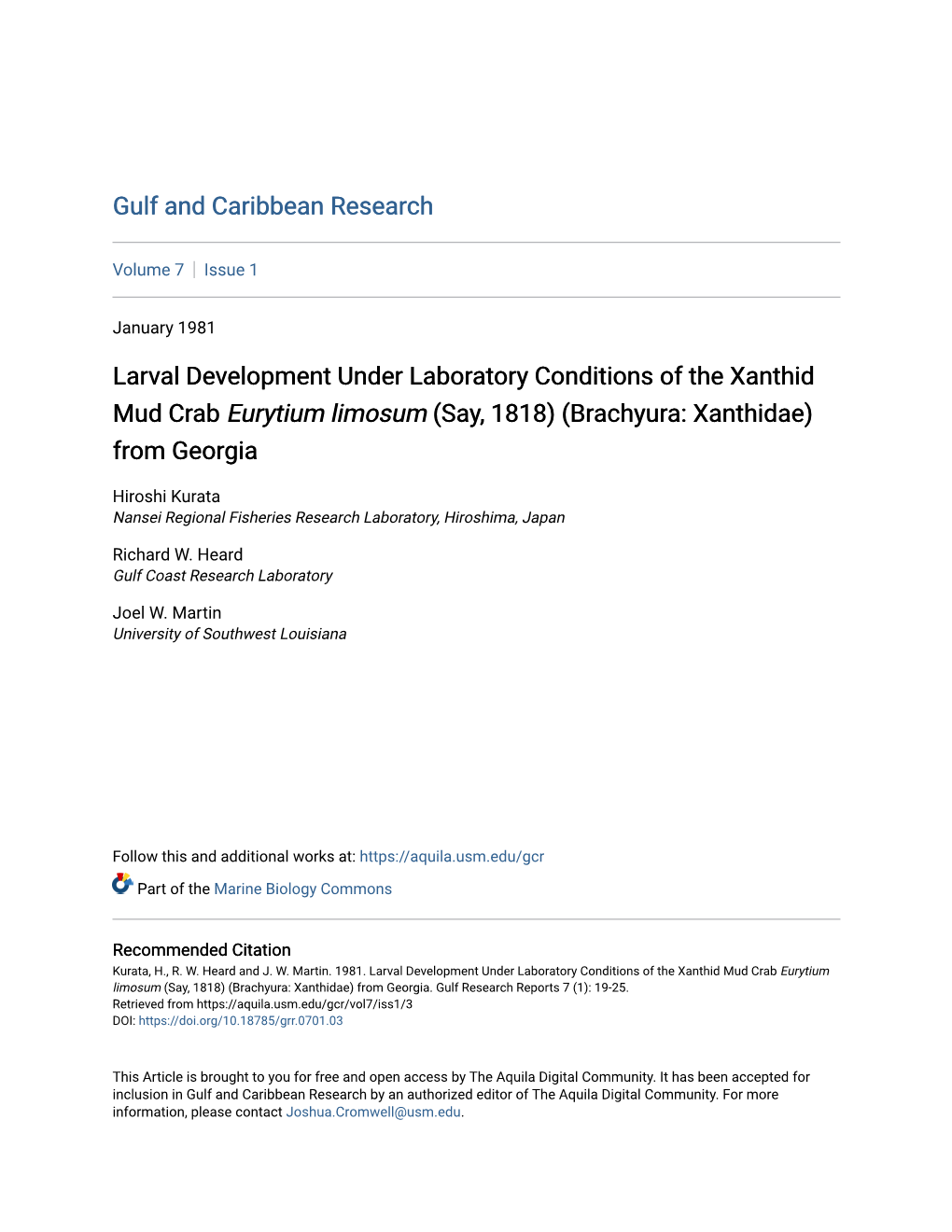 Larval Development Under Laboratory Conditions of the Xanthid Mud Crab Eurytium Limosum (Say, 1818) (Brachyura: Xanthidae) from Georgia