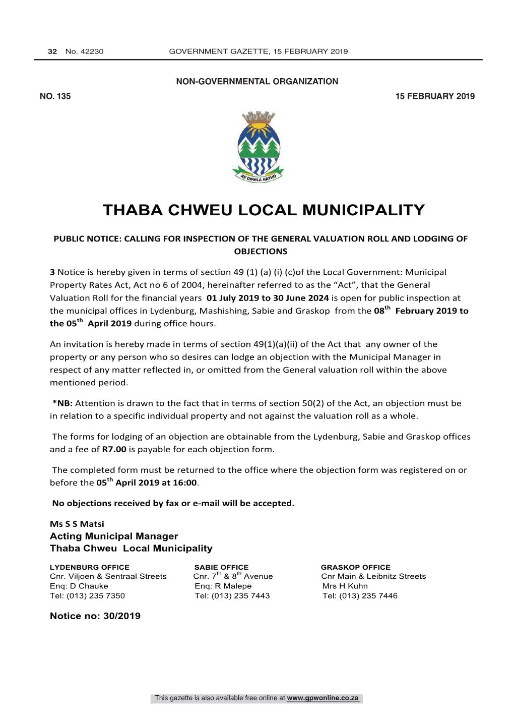 Thaba Chweu Local Municipality: Inspection of General Valuation Roll