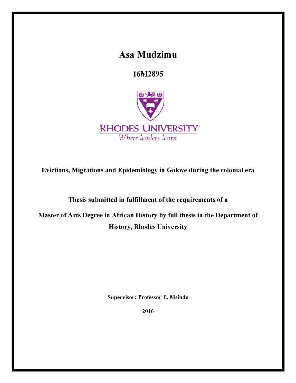 Asa Mudzimu RHODES UNIVERSITY