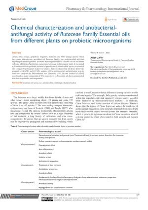 Chemical Characterization and Antibacterial-Antifungal Activity of Rutaceae Family Essential Oils from Different Plants on Probiotic Microorganisms