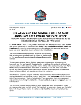 U.S. Army and Pro Football Hall of Fame Announce 2017