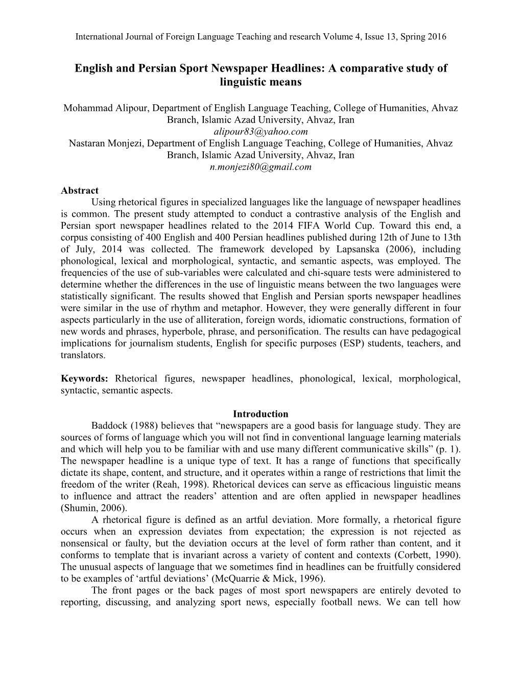 English and Persian Sport Newspaper Headlines: a Comparative Study of Linguistic Means