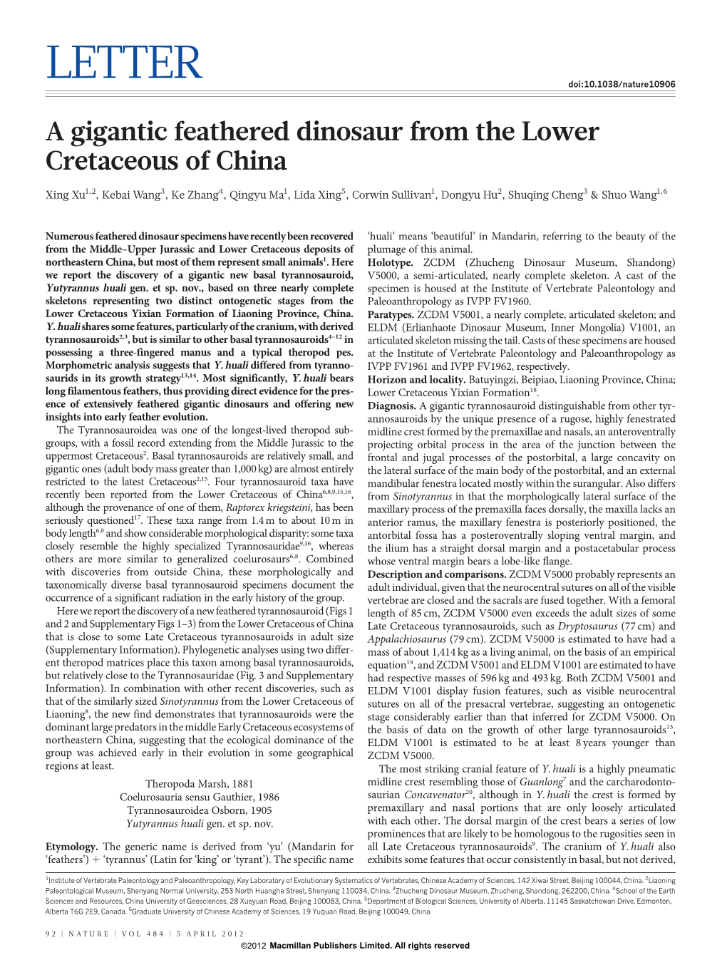 A Gigantic Feathered Dinosaur from the Lower Cretaceous of China