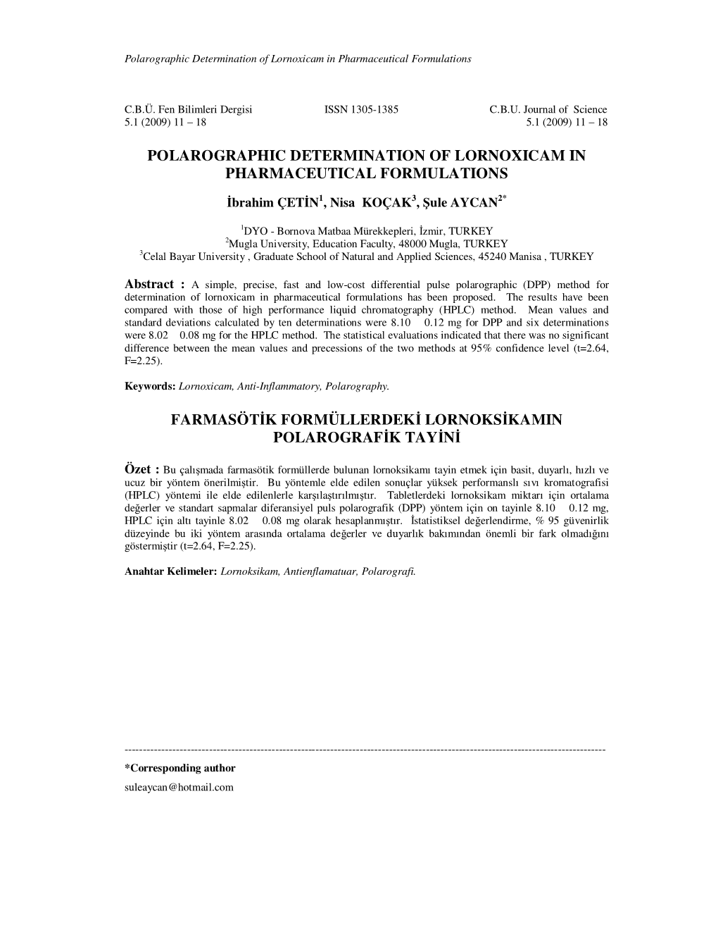 Polarographic Determination of Lornoxicam in Pharmaceutical Formulations