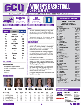 Women's Basketball Team Will Tip-Off Its 11 Alcorn State W, 77-44 LOPES 2016-17 BLUE DEVILS Road Slate As They Travel to Durham, N.C