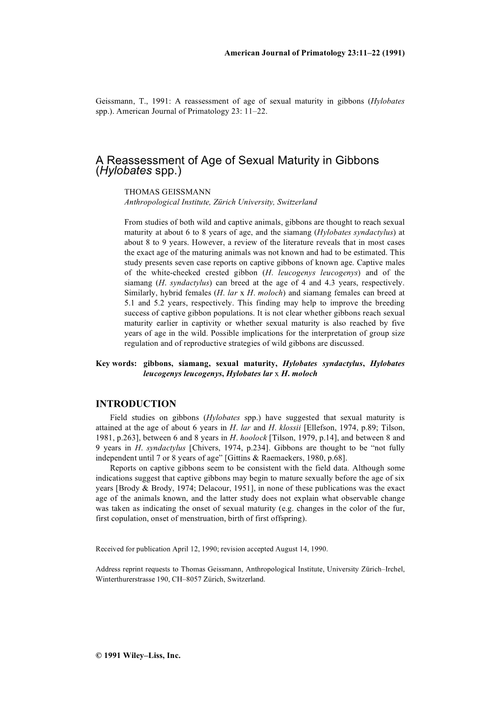 A Reassessment of Age of Sexual Maturity in Gibbons (Hylobates Spp.)