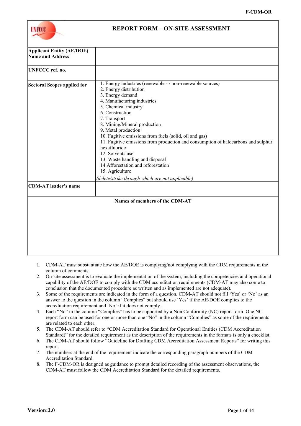 F-CDM-OR - Report Form - Onsite Assessment (Version 02)