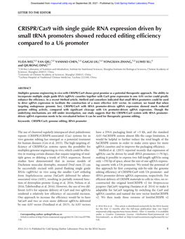 CRISPR/Cas9 with Single Guide RNA Expression Driven by Small Trna Promoters Showed Reduced Editing Efficiency Compared to a U6 Promoter