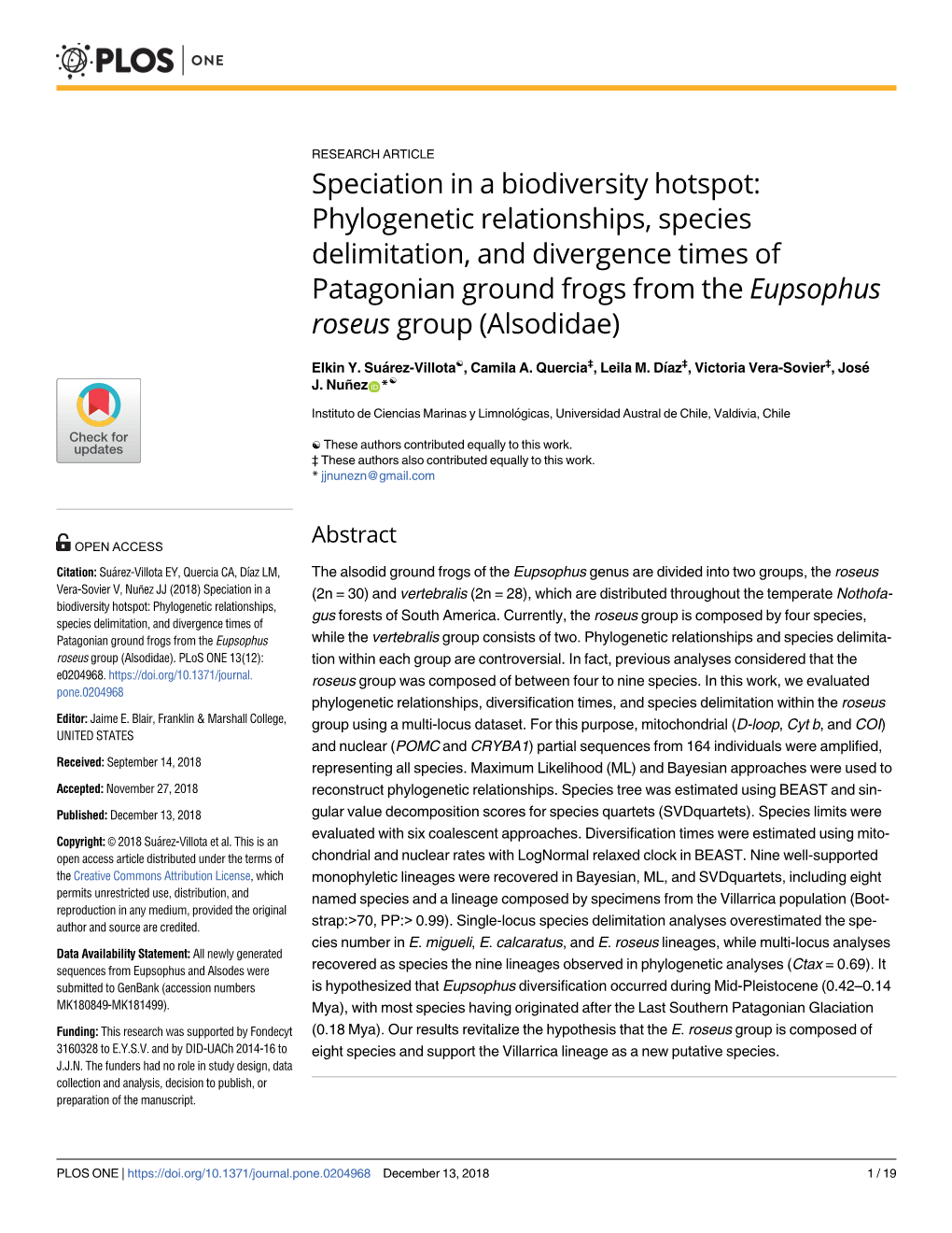 Phylogenetic Relationships, Species Delimitation, and Divergence Times of Patagonian Ground Frogs from the Eupsophus Roseus Group (Alsodidae)