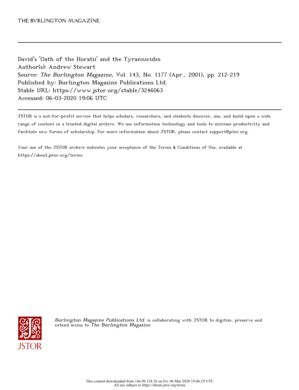 David's 'Oath of the Horatii' and the Tyrannicides Author(S): Andrew Stewart Source: the Burlington Magazine, Vol