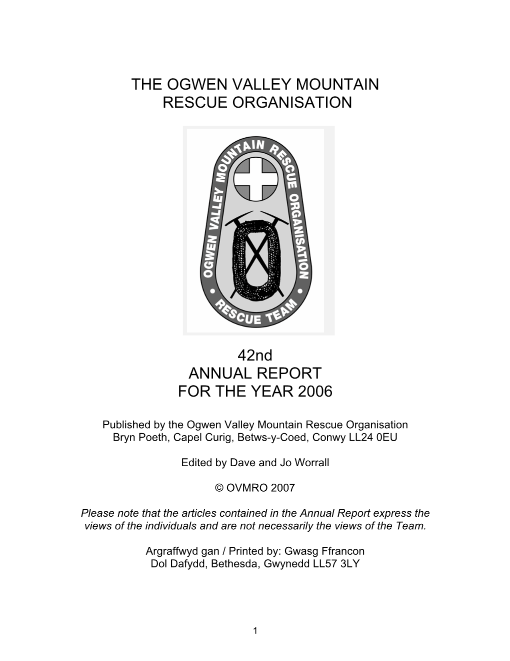 THE OGWEN VALLEY MOUNTAIN RESCUE ORGANISATION 42Nd