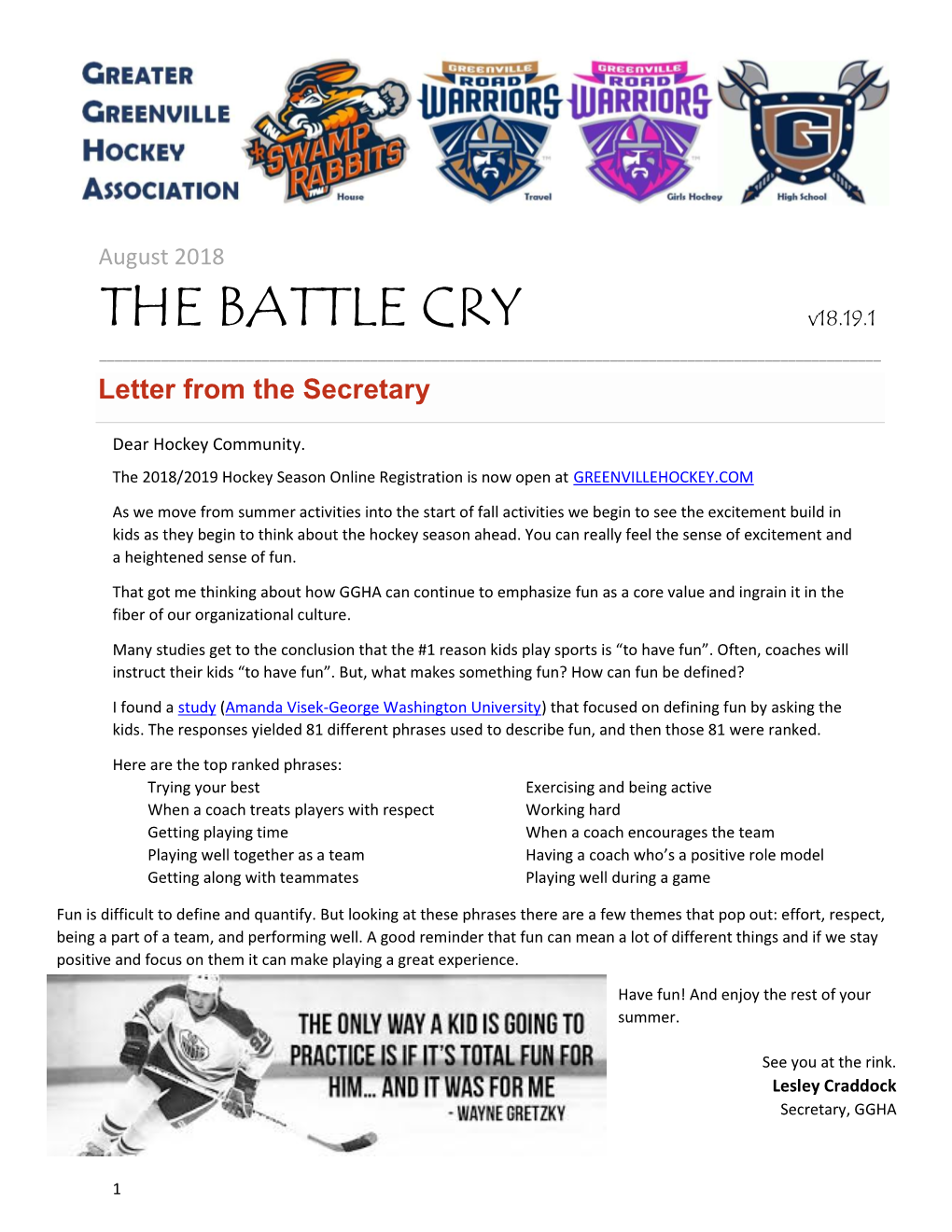 THE BATTLE CRY V18.19.1 ______Letter from the Secretary