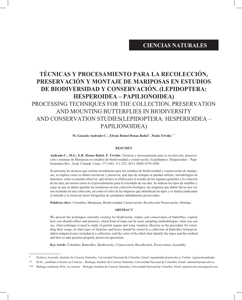 Técnicas Y Procesamiento Para La Recolección, Preservación Y Montaje De Mariposas