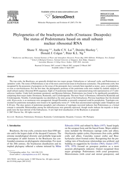 Phylogenetics of the Brachyuran Crabs (Crustacea: Decapoda): the Status of Podotremata Based on Small Subunit Nuclear Ribosomal RNA