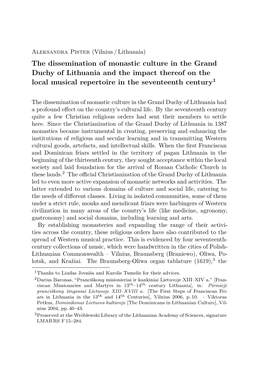 The Dissemination of Monastic Culture in the Grand Duchy of Lithuania and the Impact Thereof on the Local Musical Repertoire in the Seventeenth Century1