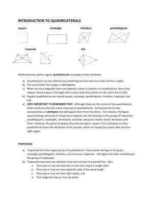 INTRODUCTION to QUADRILATERALS Square Rectangle Rhombus Parallelogram