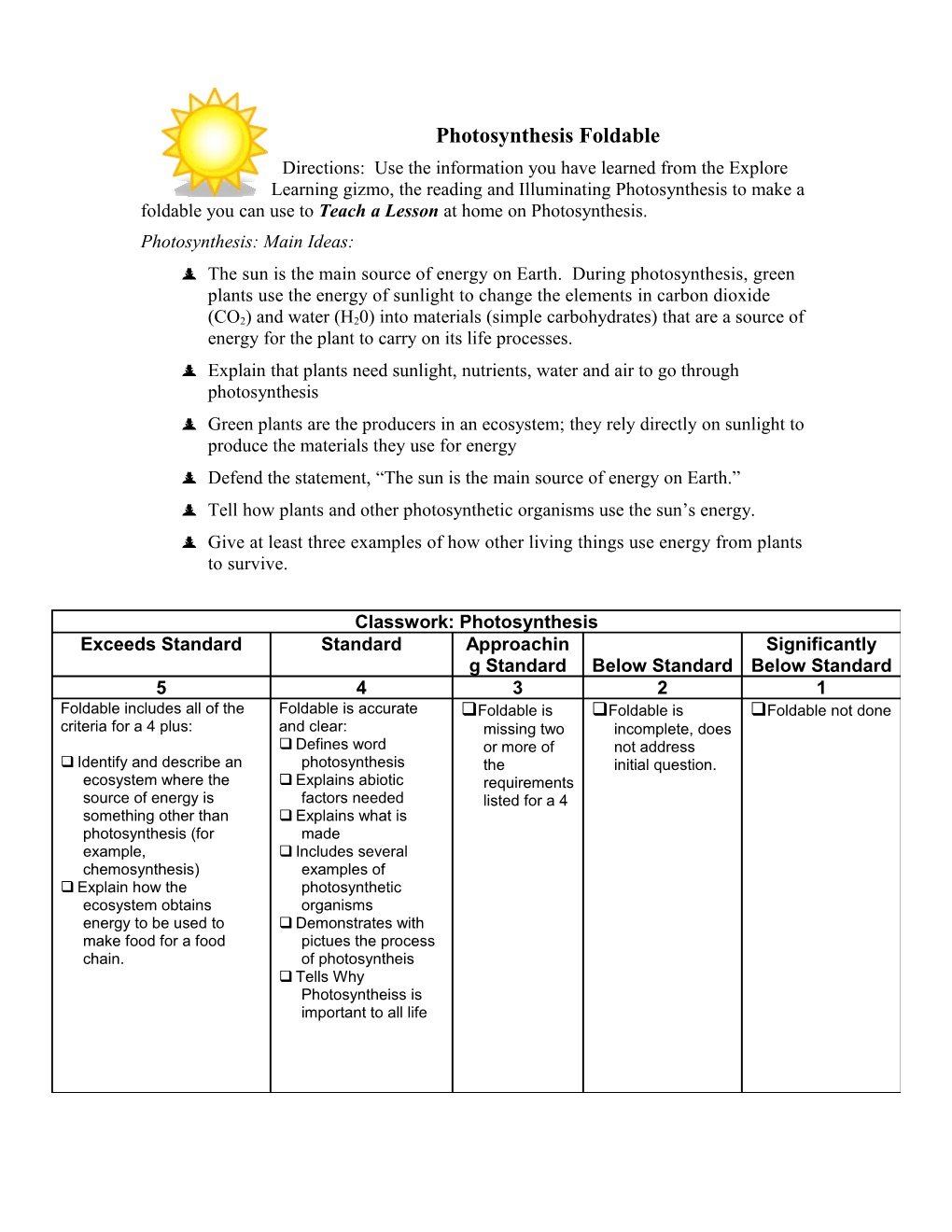 Photosynthesis Foldable