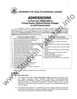 ADMISSIONS to First Year MBBS/BDS in Private Sector Medical/Dental Colleges on Self Finance Basis