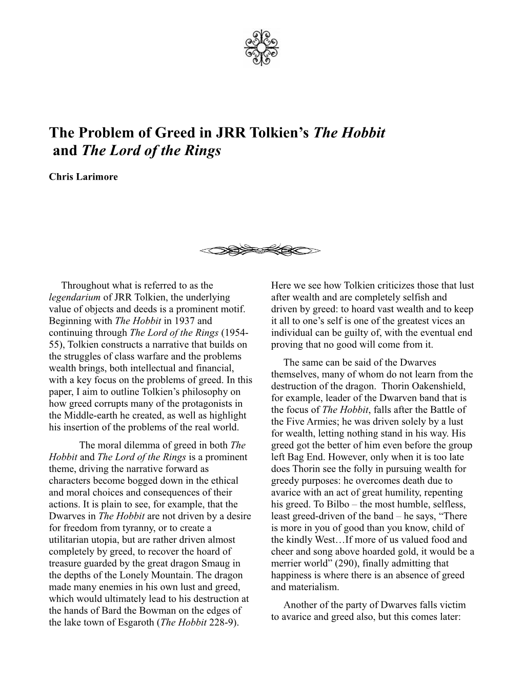 The Problem of Greed in JRR Tolkien's the Hobbit and the Lord