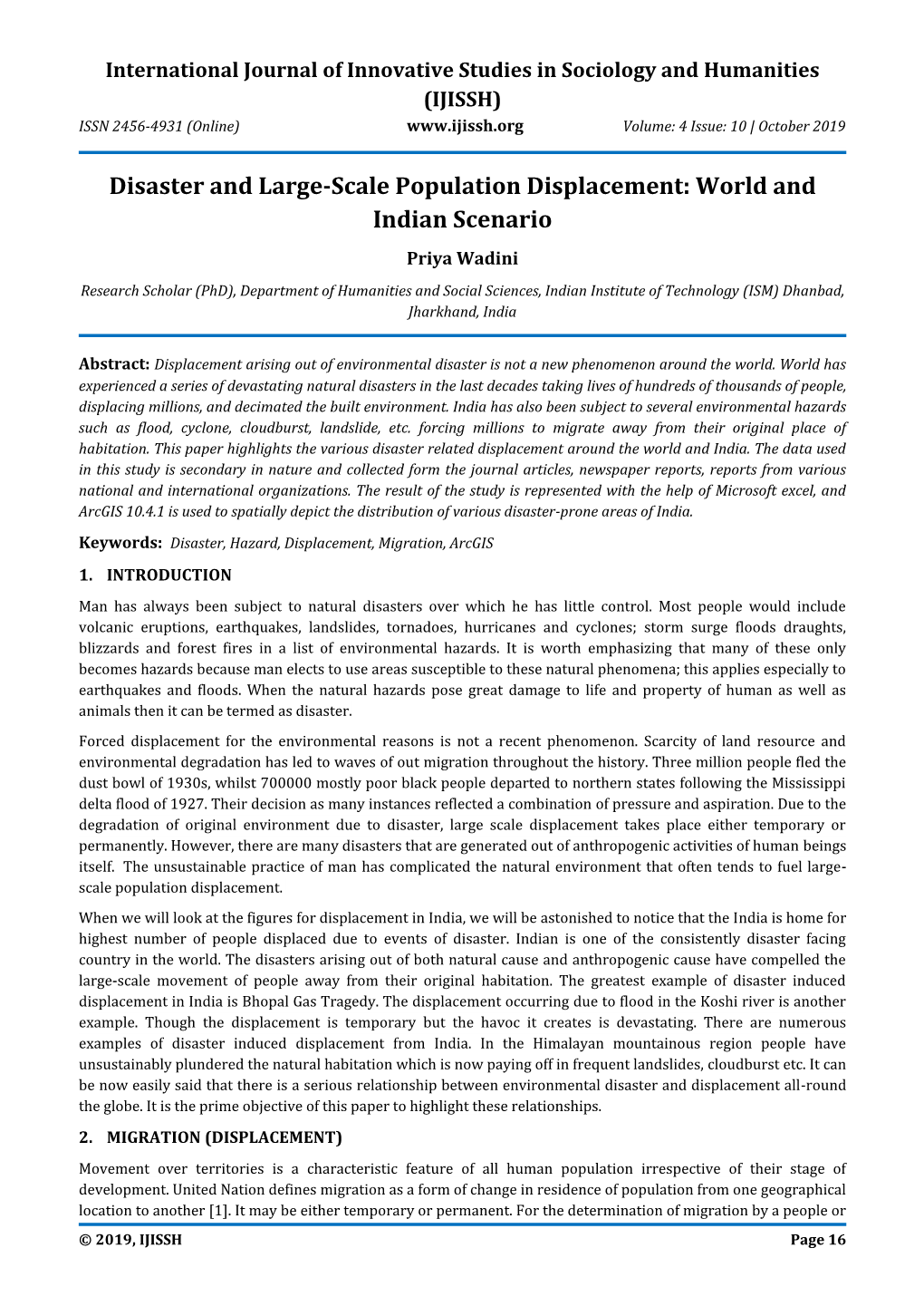 Disaster and Large-Scale Population Displacement: World and Indian