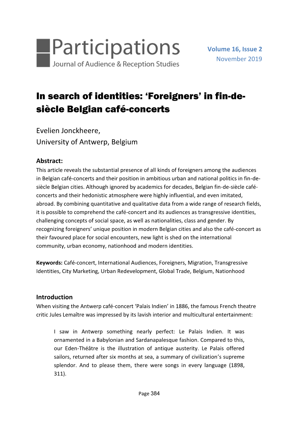 In Search of Identities: 'Foreigners' in Fin-De- Siècle Belgian Café-Concerts