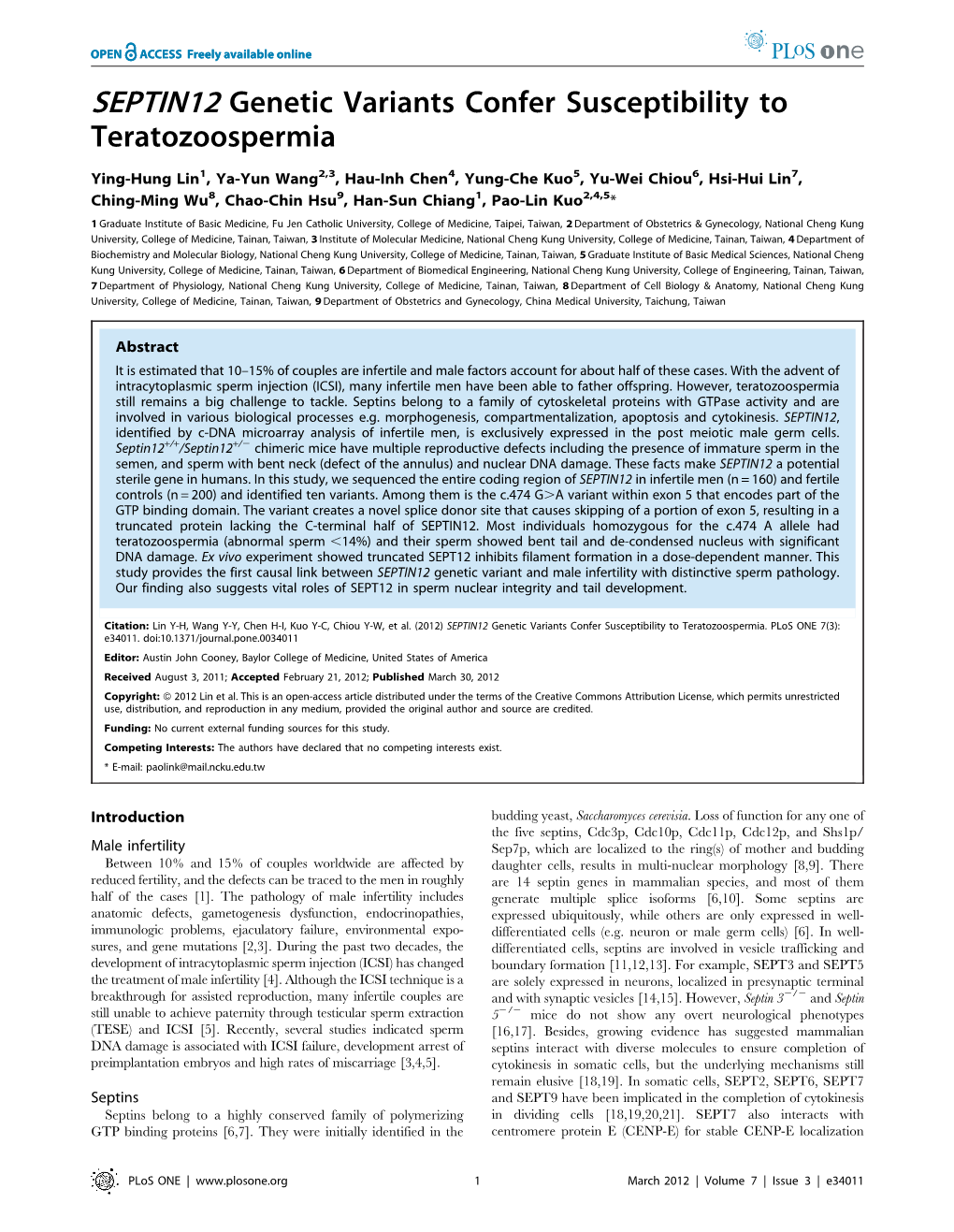 SEPTIN12 Genetic Variants Confer Susceptibility to Teratozoospermia