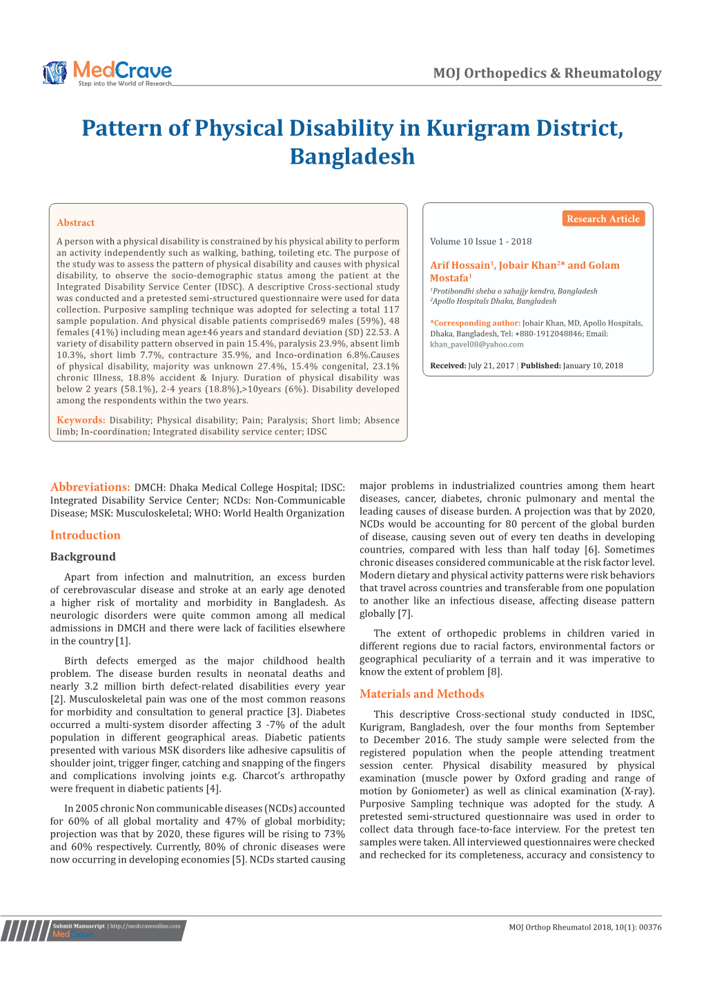 Pattern of Physical Disability in Kurigram District, Bangladesh